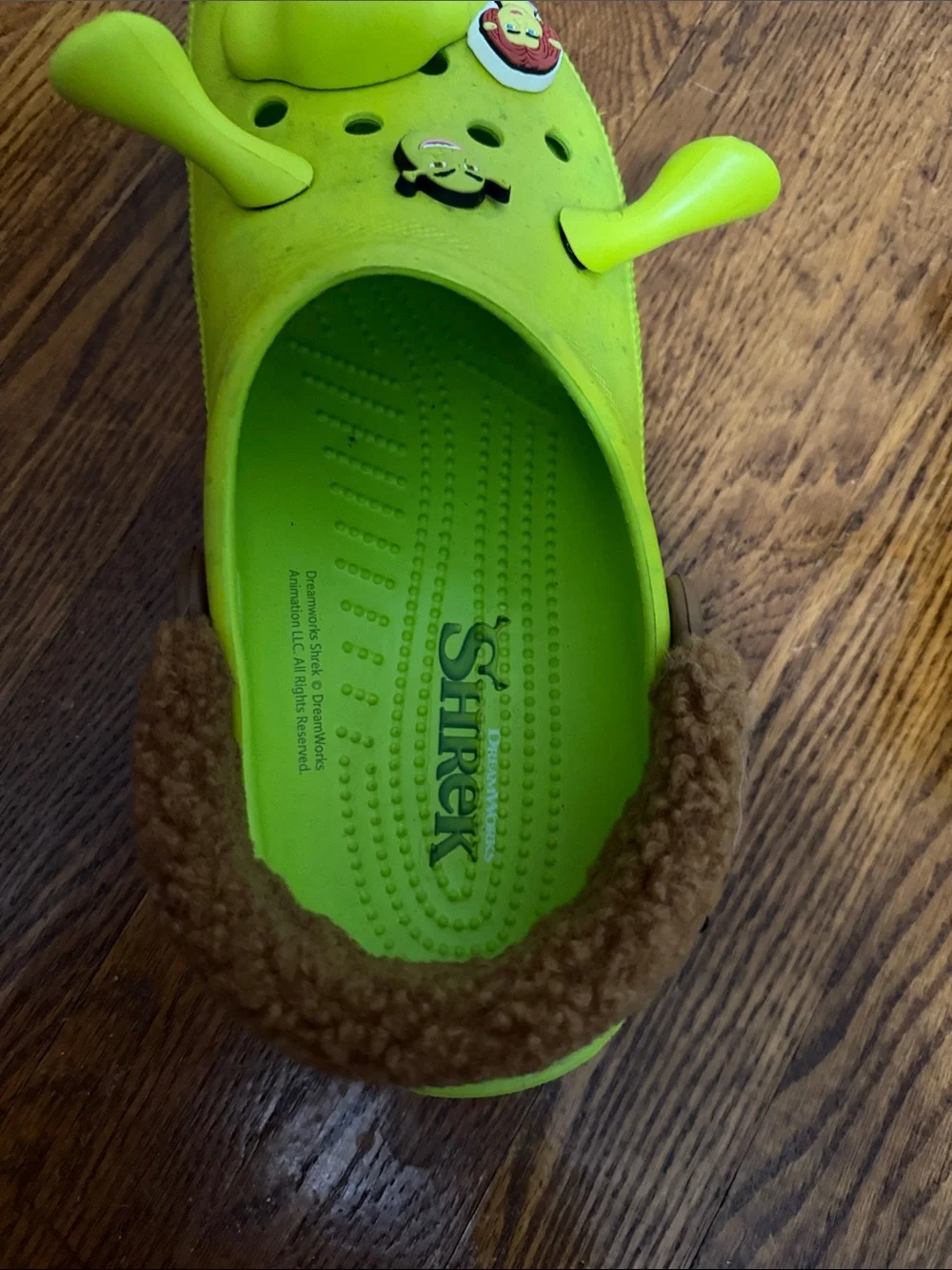 CROCS X Shrek Neon Lime Green Clog Sandals with Brown Fuzzy Heel Strap